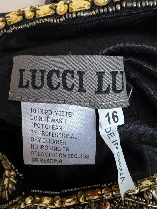 NEW Lucci Lu Women’s Black Gold Beaded Sequin Halter Gown Size 16 36295 - Picture 11 of 14